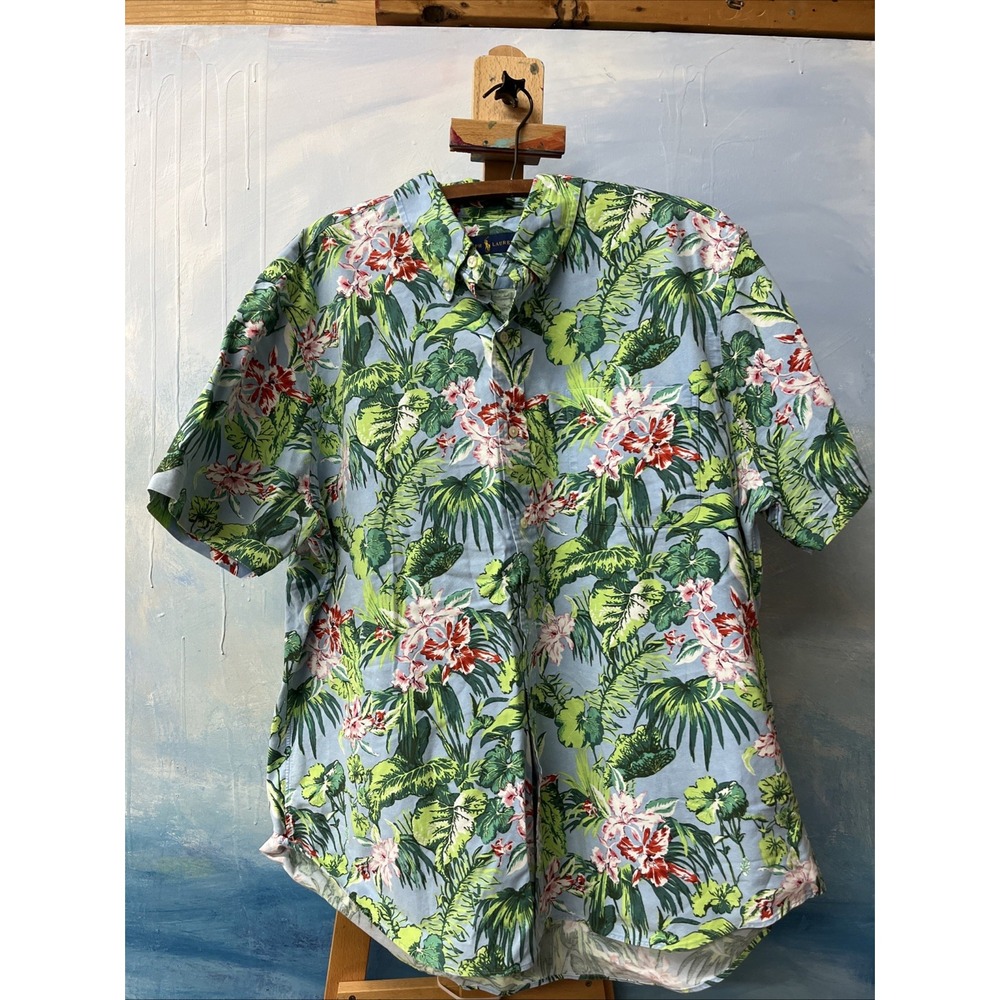 RALPH LAUREN Blue Floral Hawaiian S/S Button Down Shirt Tropical Mens XL